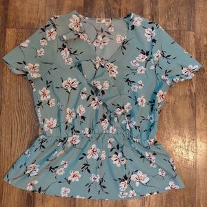 Pleione Floral Blouse - Teal and White
